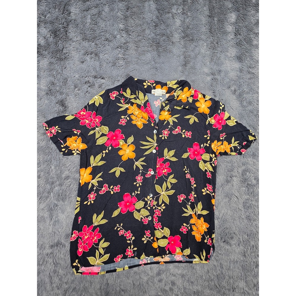 Notations Womens Black Tropical Floral Button Down Short Sleeve Shirt Size S